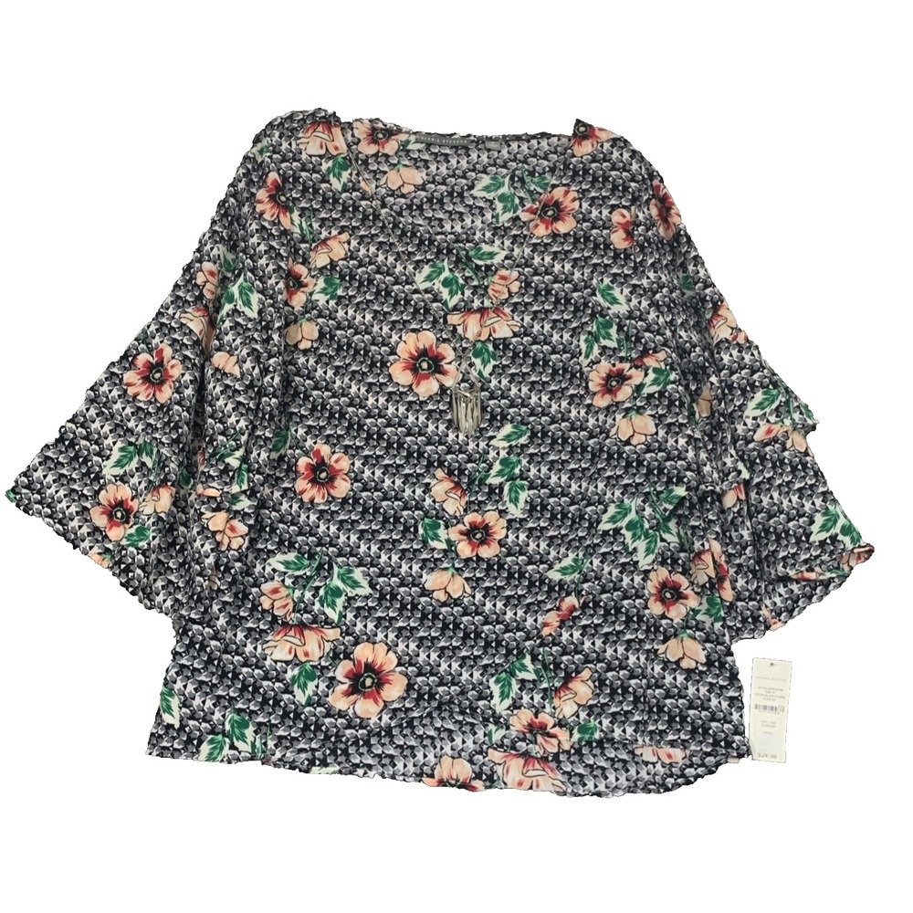 NWT Valerie Stevens Black Gray Floral Romantic Boho Peasant Hippie Blouse XL